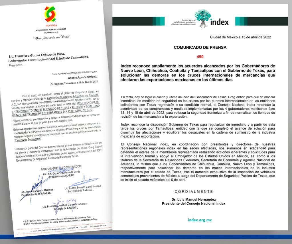Reconocen organismos a Gobernador Cabeza de Vaca por su intervención en conflicto de cruces internacionales