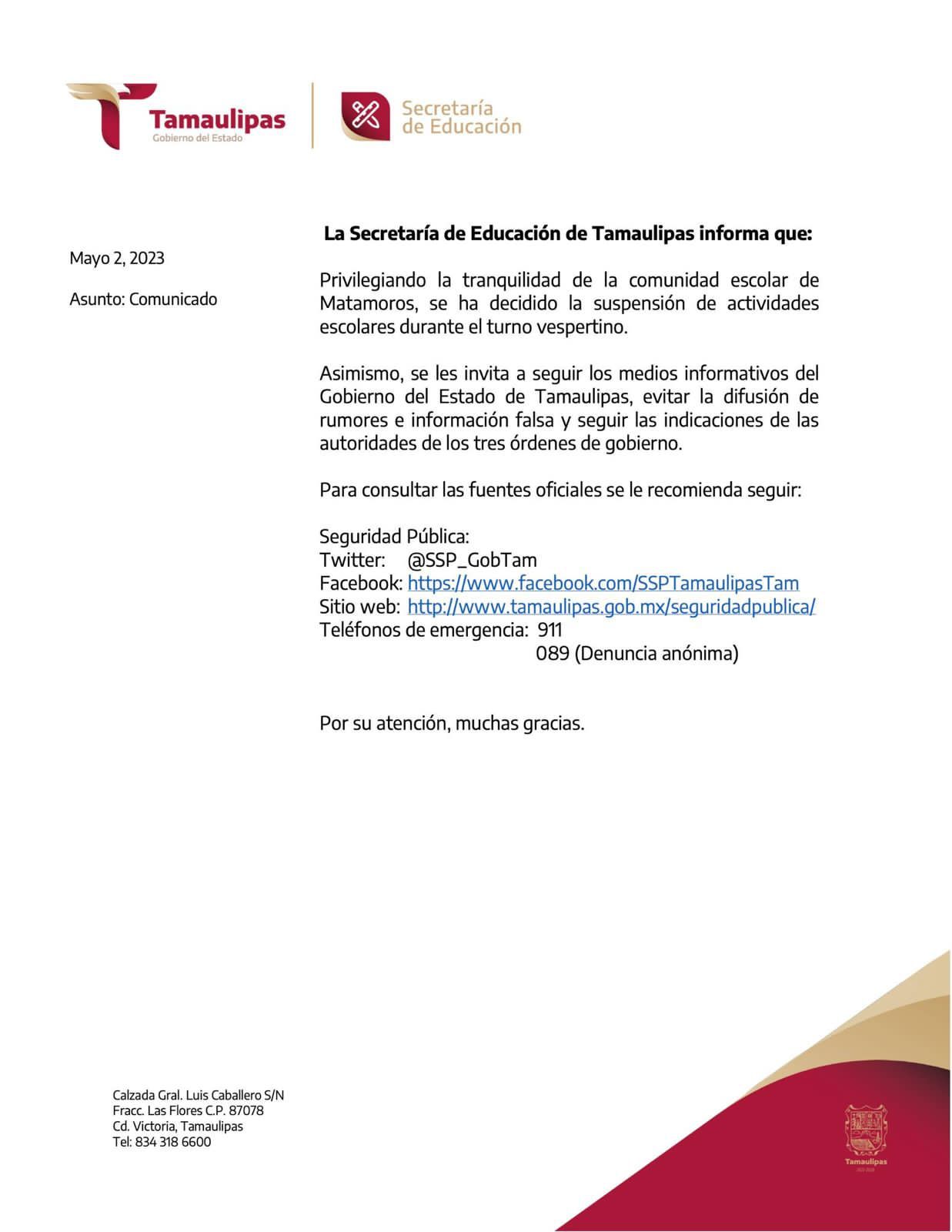 Suspenden clases en Matamoros en el turno vespertino por SDR.